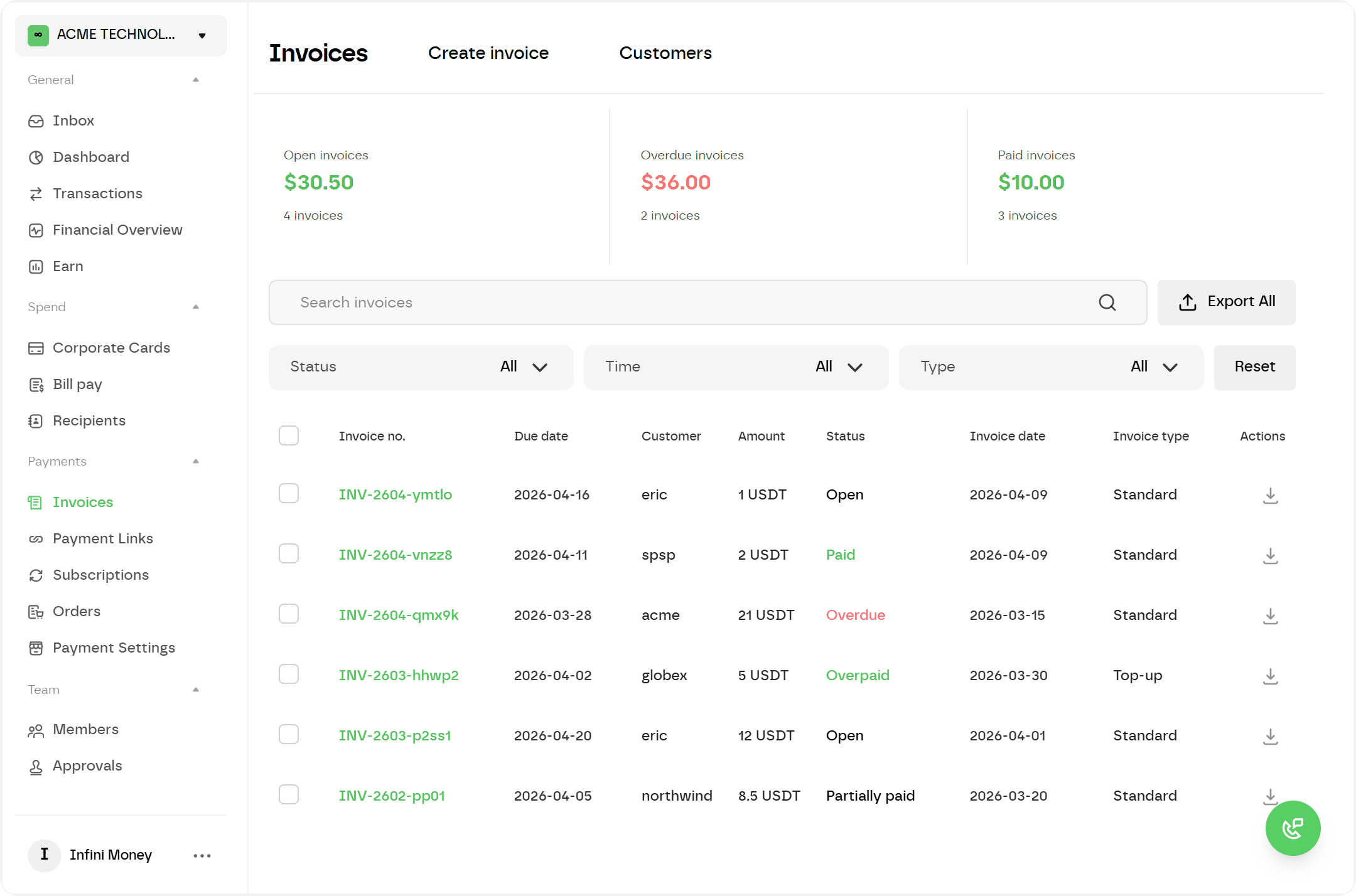 Infini invoice dashboard