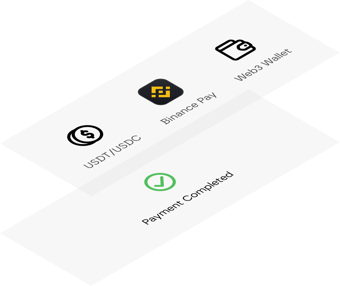 Illustration: USDT/USDC, Binance Pay and Web3 Wallet flowing into Payment Completed