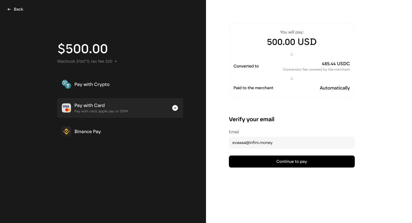 Infini online payment checkout