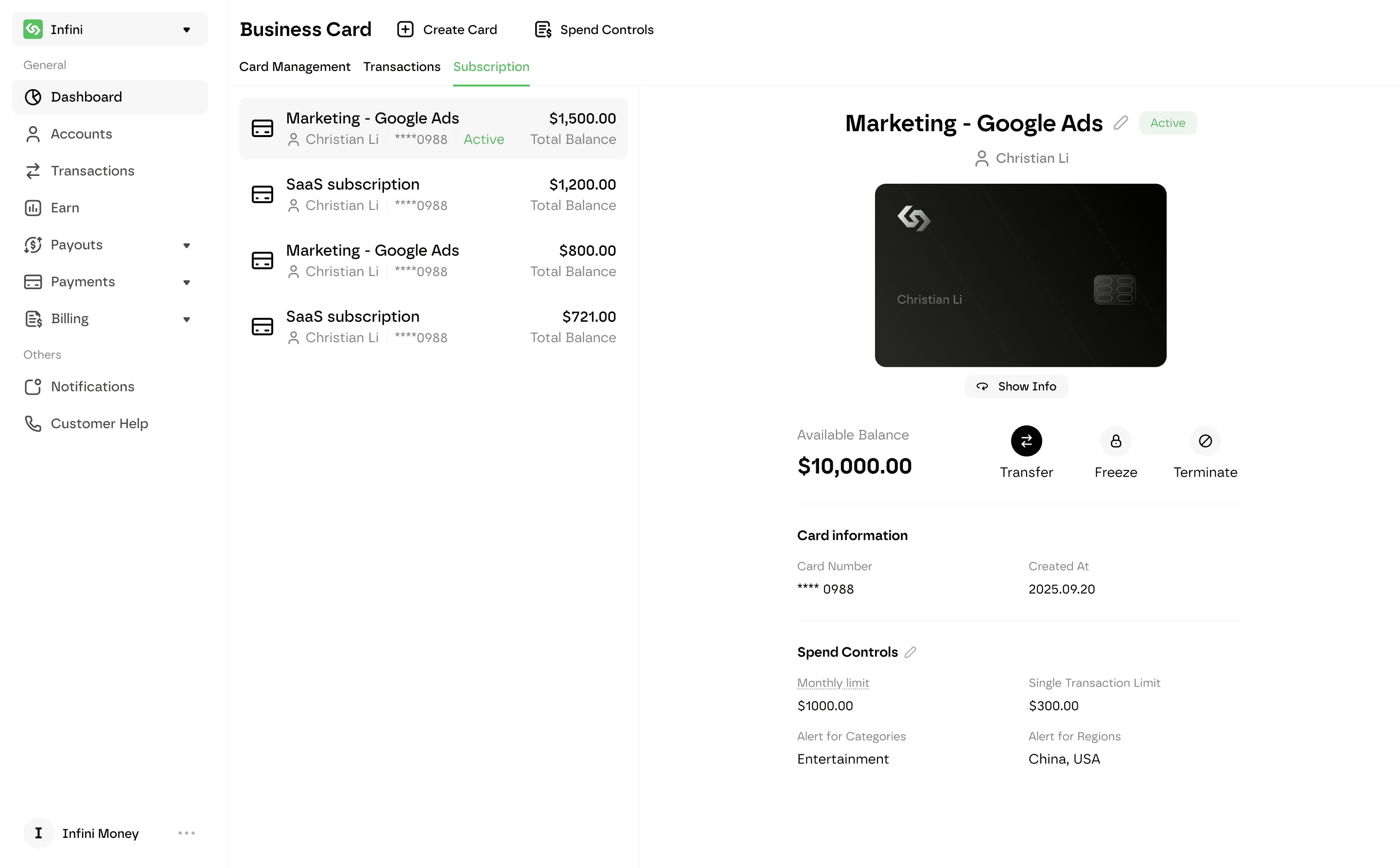 Infini corporate card spending controls dashboard