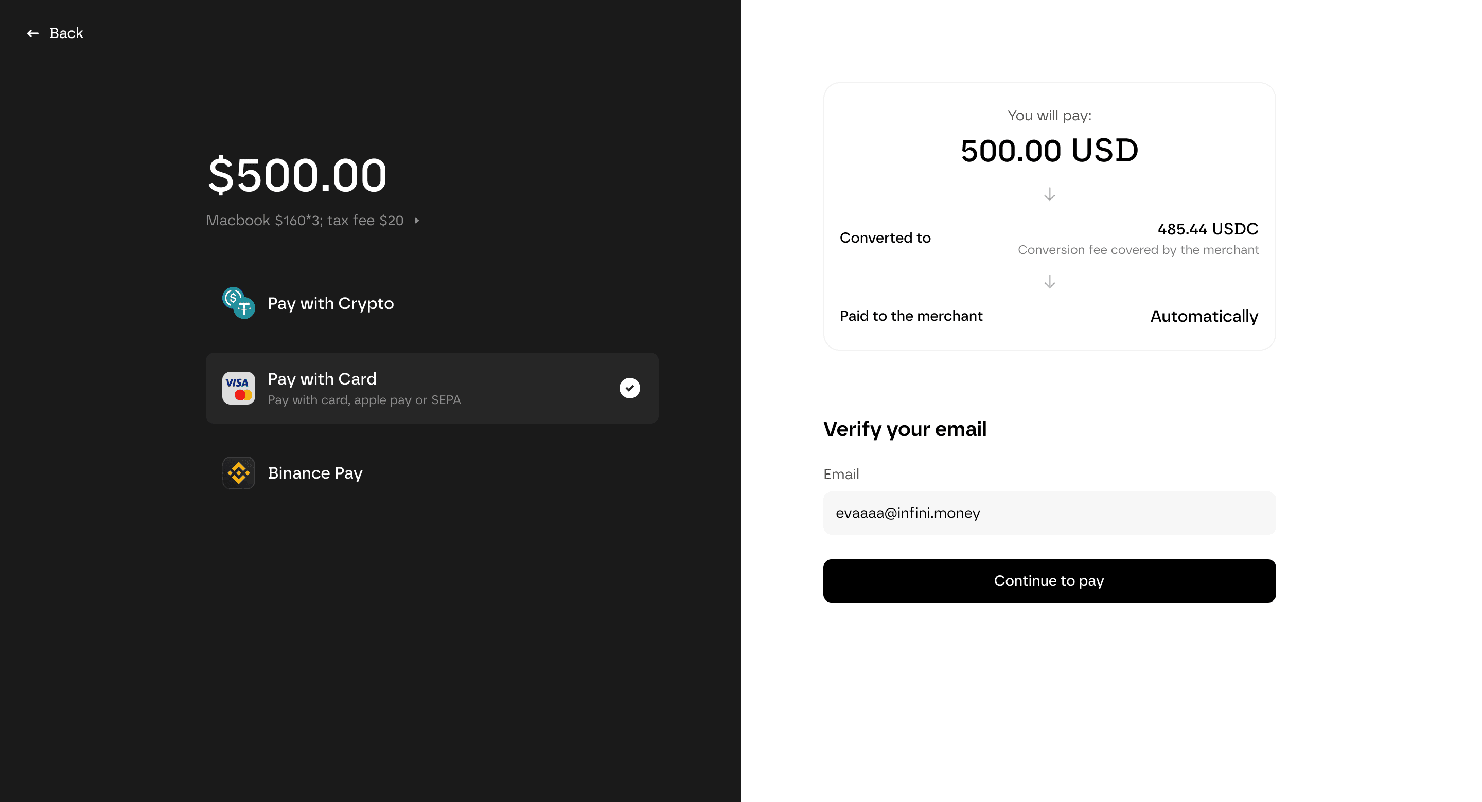 Infini hosted checkout and payment workflow
