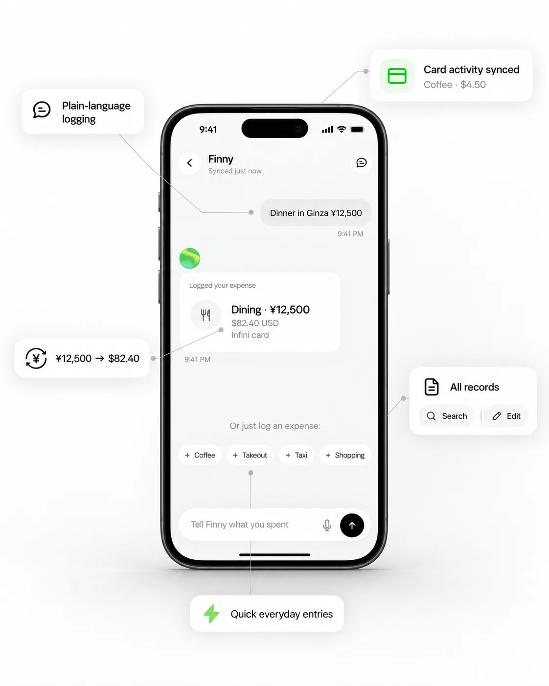 Interfaz de Finny con sus cinco funciones de registro de gastos
