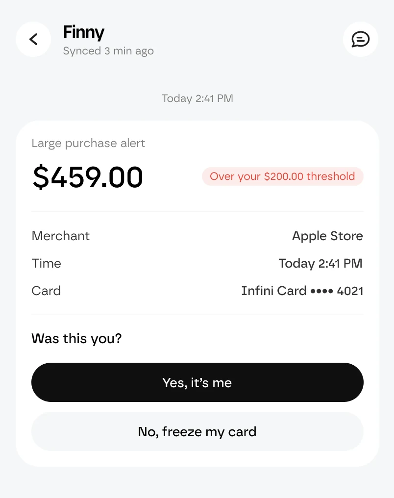 Alerta de Finny: una compra de 459 USD en Apple Store supera el límite de 200 USD