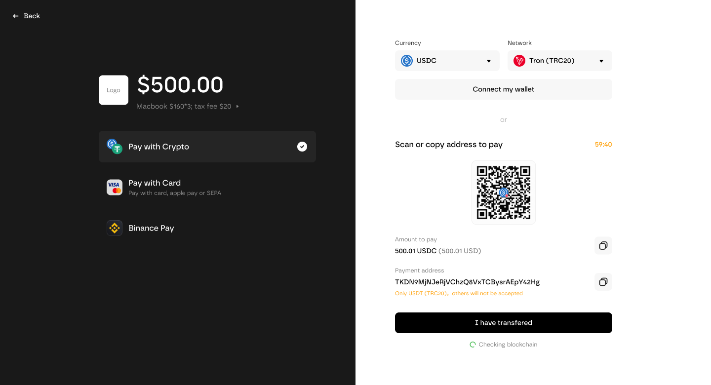 Infini crypto payment screen with wallet and network selection