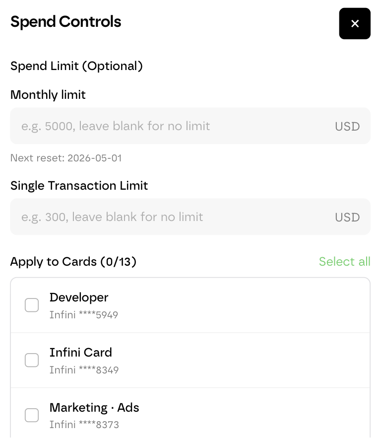 Screenshot: card spend limits and budget control