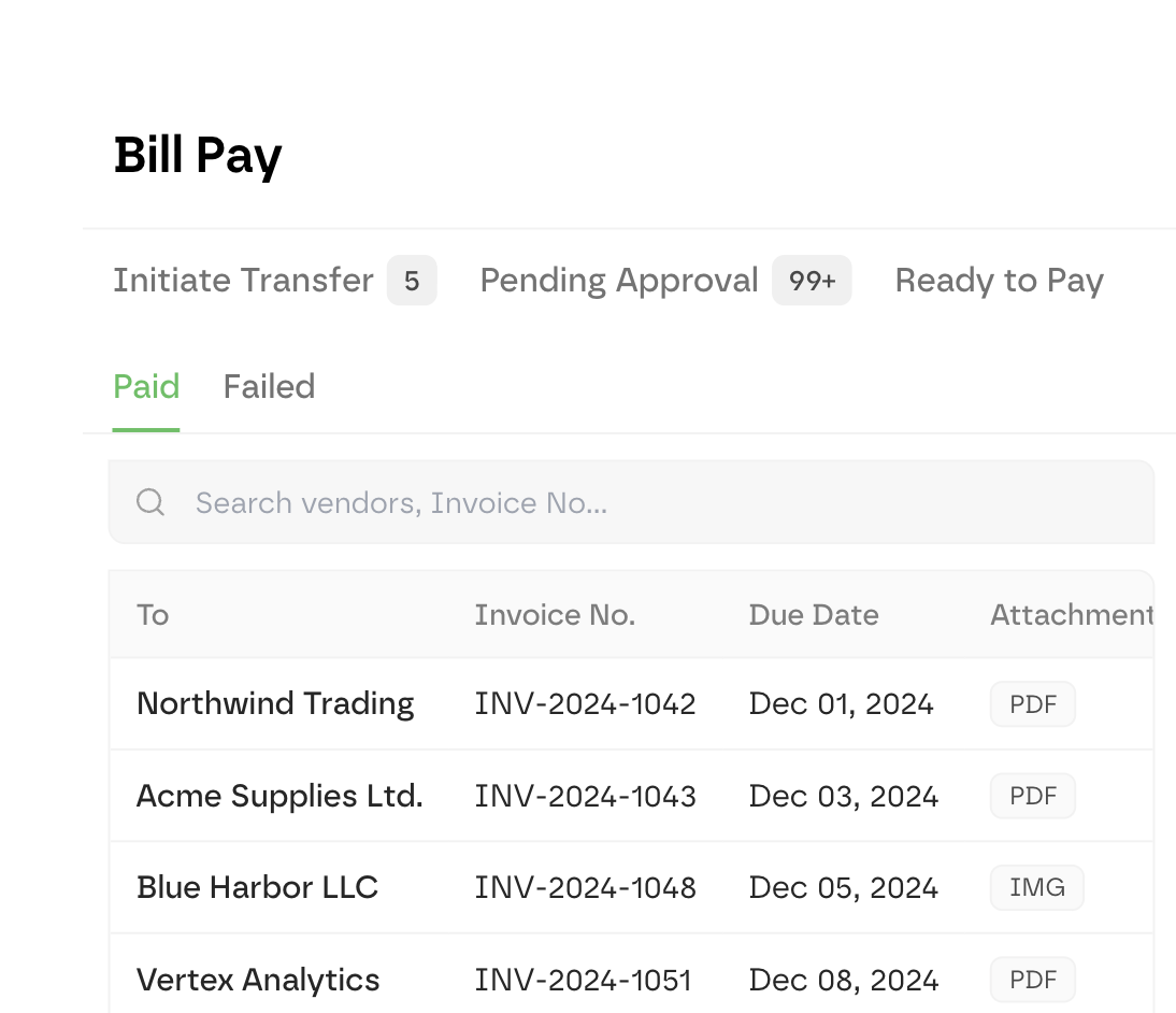 Screenshot: Bill Pay paid list and approvals