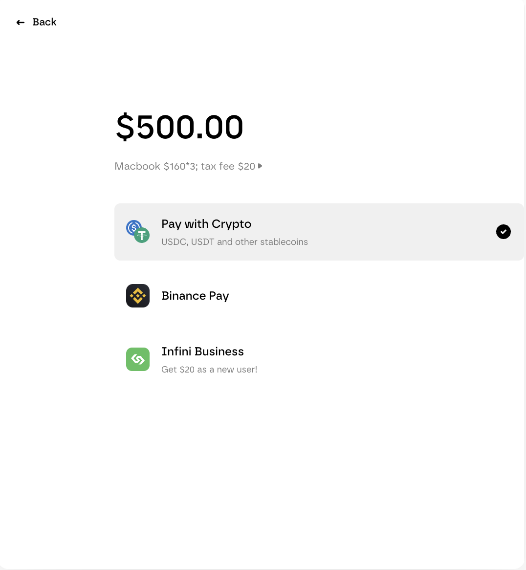 Screenshot: crypto checkout