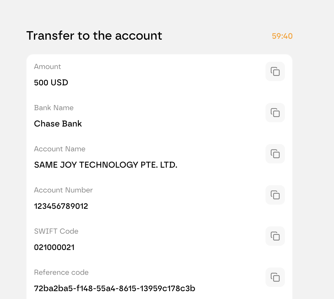 Screenshot: collect local currencies via bank transfer