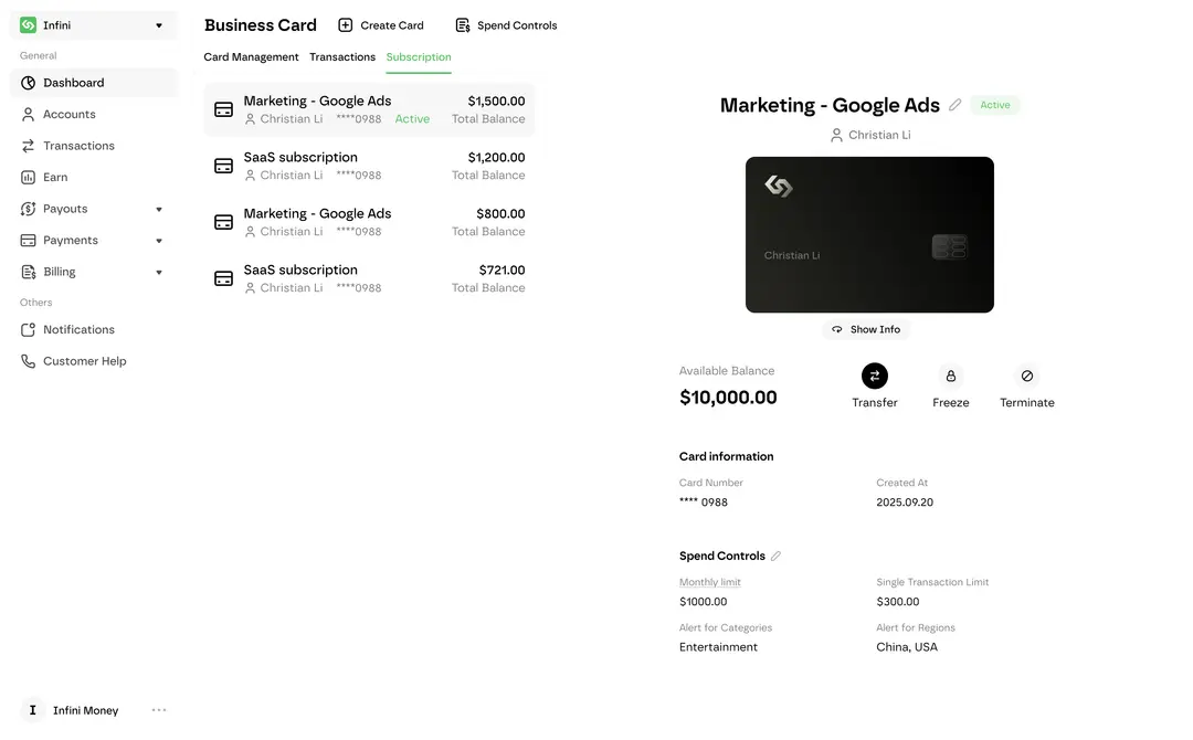 Infini business card and spend controls