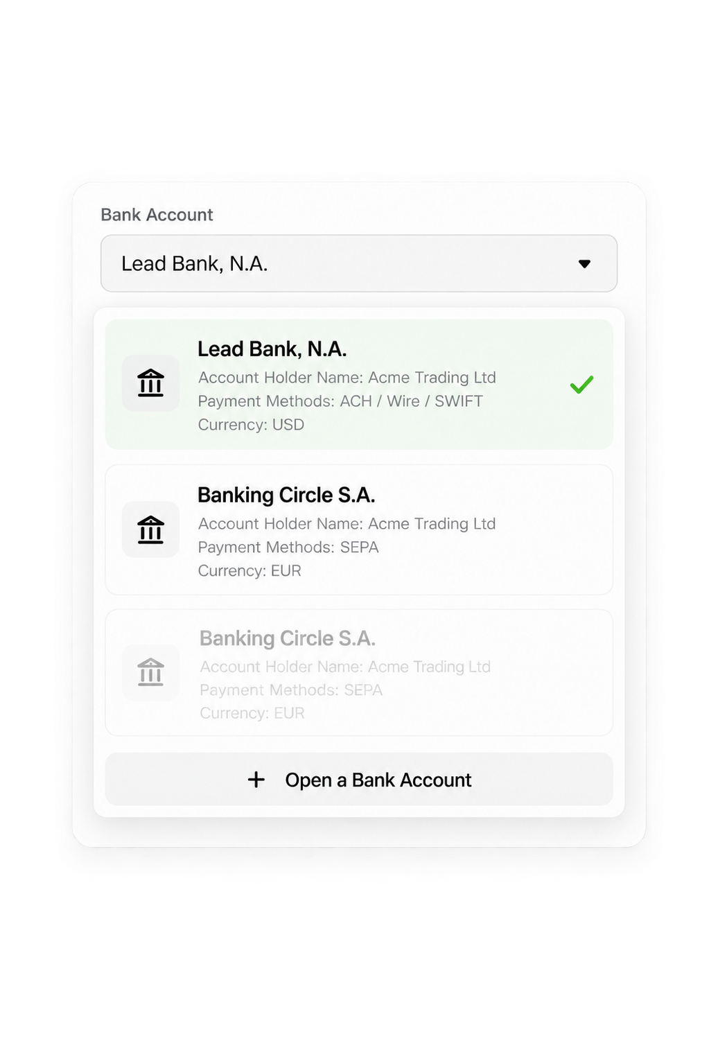 Infini bank account selection