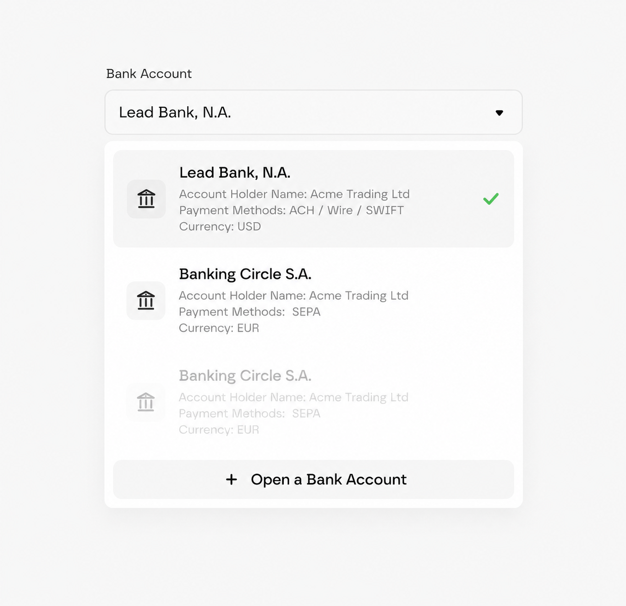أداة اختيار حسابات USD وEUR والمسارات البنكية المتاحة