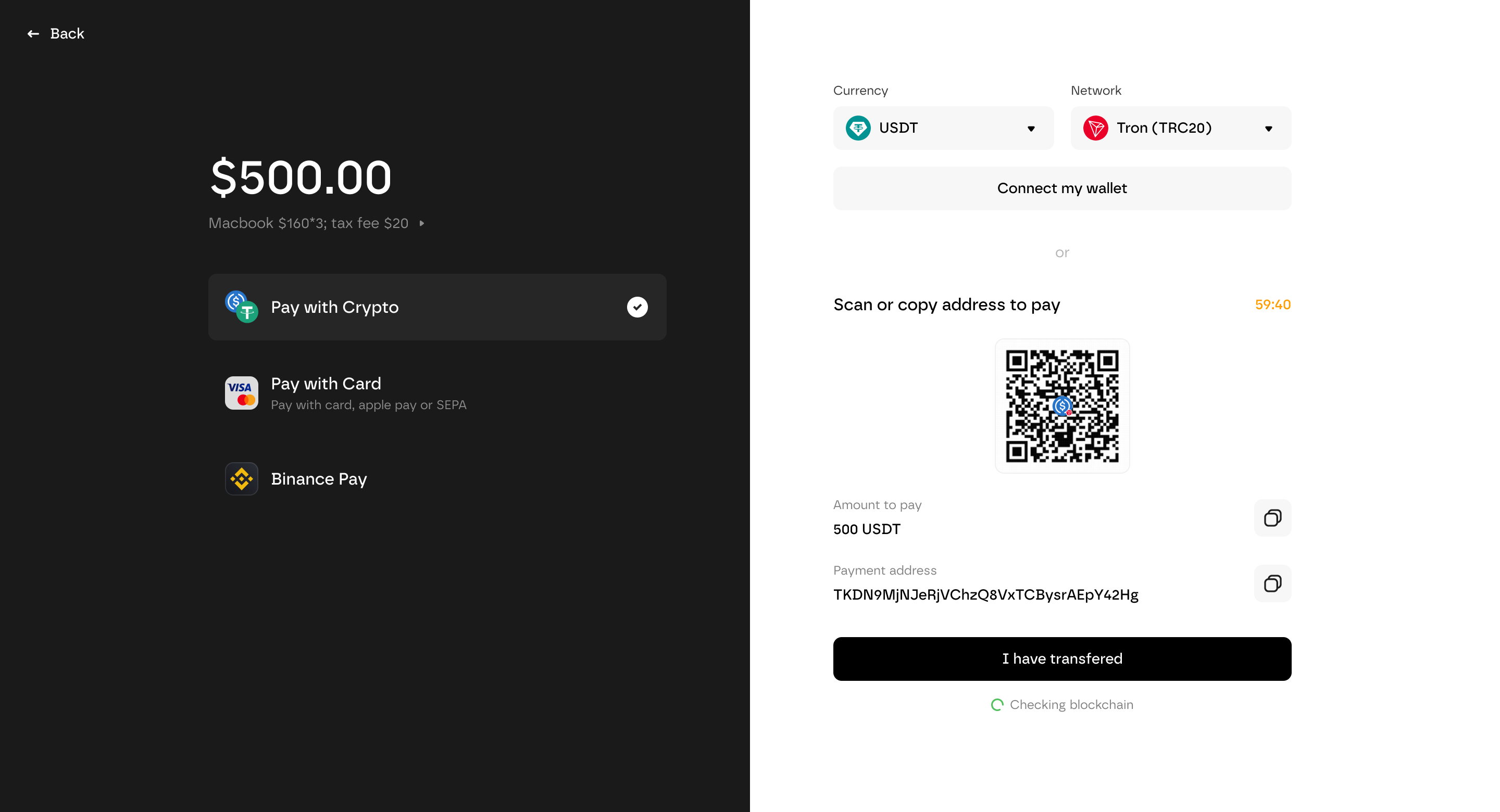 شاشة دفع تعرض العملات المشفرة والبطاقات وBinance Pay وربط المحفظة ورمز QR للدفع
